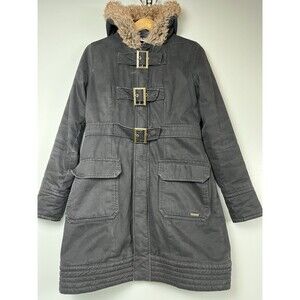 Roxy Peacoat Girls Youth L Black Long Jacket Faux Fur Hood